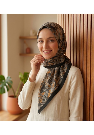 Ochre Desen 90x90cm Matte Cotton Eşarp Siyah - Vizon