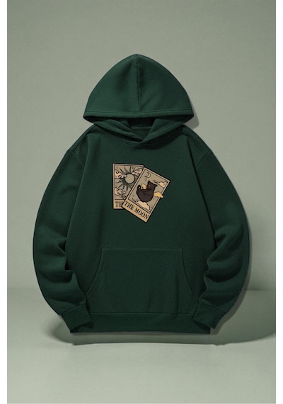 Uyguntarz Unisex The Moon Tarot Kart Tasarım Baskılı Kapüşonlu Sweatshirt Yeşil