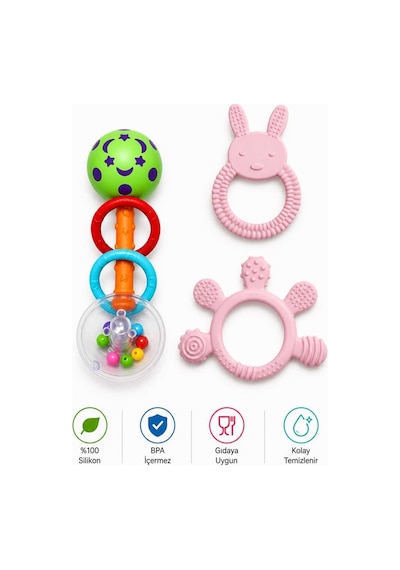 3lü Çıngıraklı Diş Kaşıyıcı Set Pembe