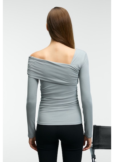 Grımelange VELMEA Kadın Asimetrik Yaka Omuz Detaylı Slim Fit Açık Gri Bluz