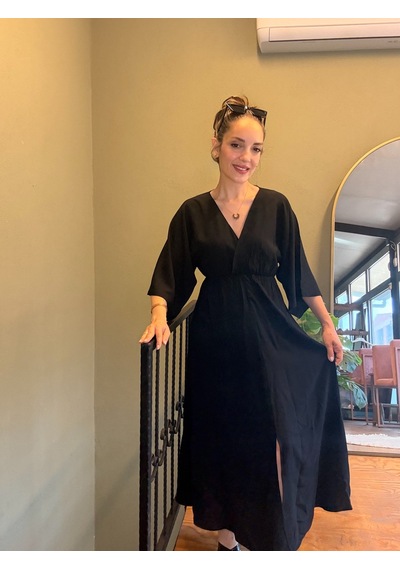 Ali Butik Siyah Yarasa Kol Kruvaze Yaka Viskon Elbise