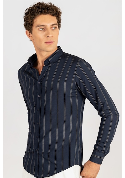 Tudors Slim Fit Düğmeli Yaka Pamuklu Kolay Ütü Çizgili Erkek Gömlek-24822-lacivert Lacivert Tudors Slim Fit Düğmeli Yaka Pamuklu Kolay Ütü Çizgili Erkek Gömlek-24822-lacivert Lacivert