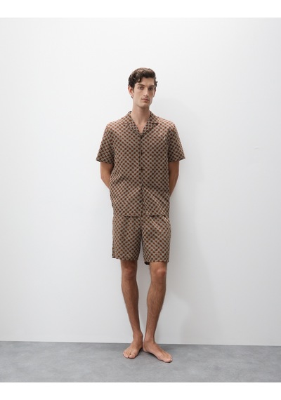 Marks & Spencer Pamuk Karışımlı Geometrik Desenli Pijama Şortu T07001318A Kahverengi