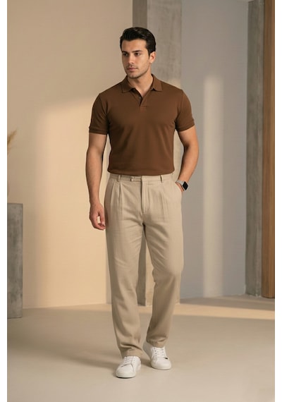 Bürke Çift Pileli Krem/Bej Beli Yarım Lastikli Kaliteli Keten Görünümlü Baggy Pantolon