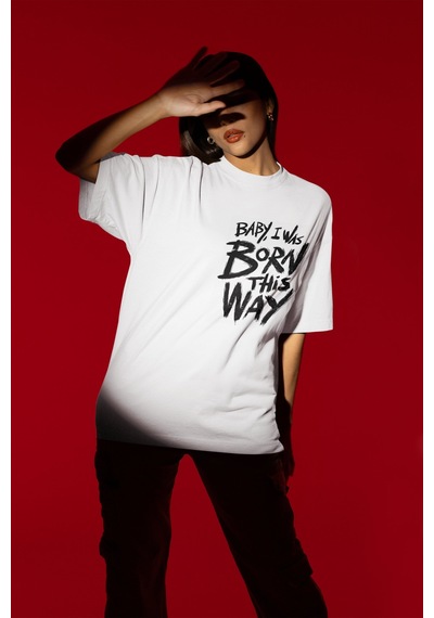 Sevbano Baby I Was Born This Way Yazılı Sırt Baskılı Unisex Oversize Şark Beyaz