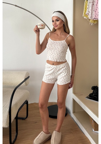 Giysa Kadın Askılı Fiyonk Desenli Şortlu Pijama Takımı Beyaz - 26y 32