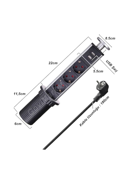 Manuel Asansörlü Gizlenebilir Gömme Grup Priz 16a 1.8 Mt Kablolu 2 Usb Li 3 Lü Grup Priz 60mm 1.8 M