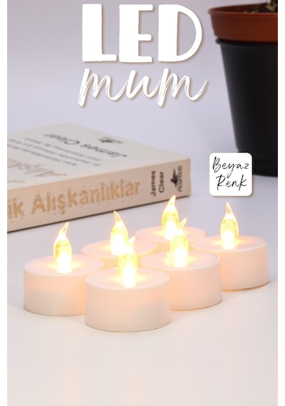 6 Adet Led Mum Tealight Mini Dumansız Pilli Alevli Dekoratif Yapay Mum Işıldak Beyaz 1036-2 Beyaz