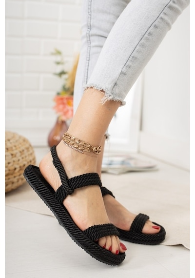 Fox Shoes Siyah Halat Ipli Hasır Kadın Sandalet K596012104
