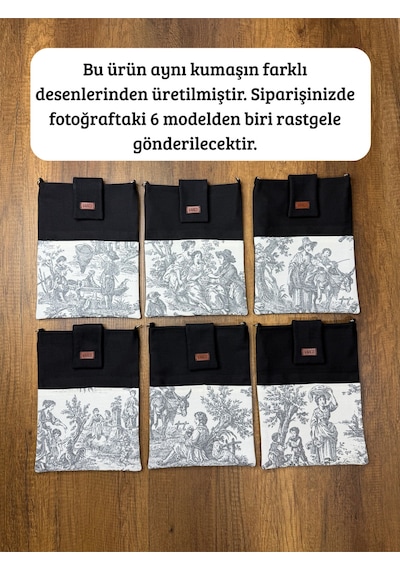 Aksesuarsepeti El Yapımı, Fransız Köylüsü Desenli, Cepli, Taşıma Askılı, Kılıf Çanta, Tablet Kılıfı, Kitap Kılıfı Siyah