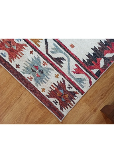 Krem Ve Çok Renkli Geometrik Desenli Halı - 12479ou Krem - Bordo