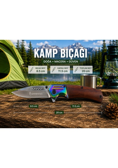 Kamp Bıcağı Çakı Şık Tasarım Ahşap Saplı Yarı Otomatik Açık Gri