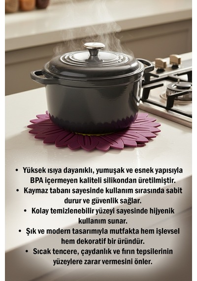 Ayçiçeği Model Kaymaz Silikon Nihale Tencere, Tava, Çaydanlık Ve Servis Altlığı 18,5 X 18,5 Cm Diğer