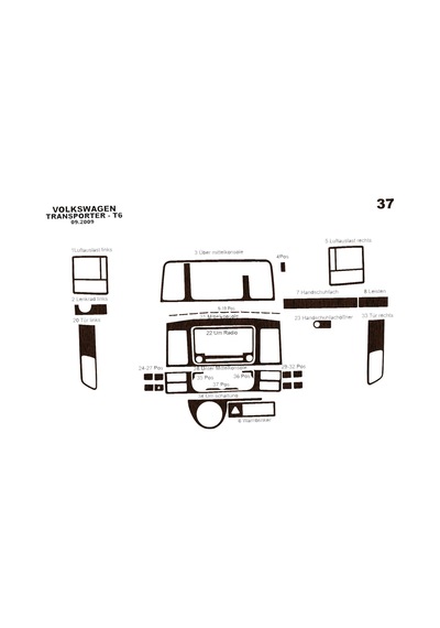 Volkswagen Transporter T6 Torpido Kaplama 2009-2014 37 Parça Koyu Meşe