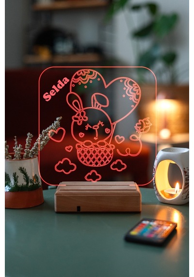 Kişiye Özel 3D Tavşan Ve Kalp Masaüstü Led Lamba
