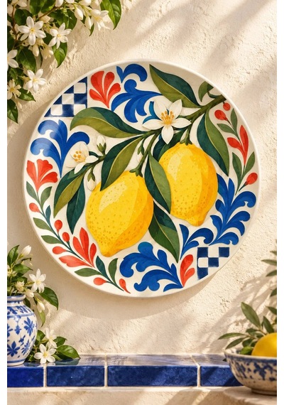 Dekoratif Duvar Tabağı Kâğıt Bahçede Limon Dekorlu Seramik Tabak Beyaz