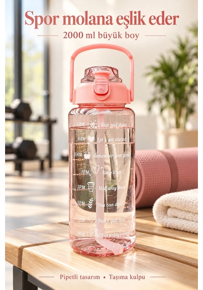 Madamev 3lü Motivasyonel Suluk Matara Seti 2000+750+280ml Pipetli Sticker Askılı Spor Okul Su Şişesi Pembe