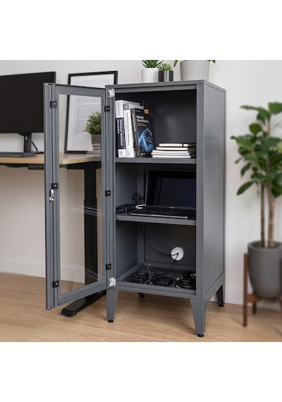 Alfafonet Ziglat Serisi Kilitli Metal Home Office Dolabı Cam Kapaklı Antrasit Gri Ral 7016 450x1050x450 Mm