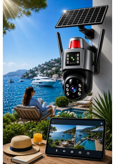 O-kam 7015 4g 6mp Dual Lens Güneş Panelli Solar Sirenli Güvenlik Kamerası 1 Yıl İnternet