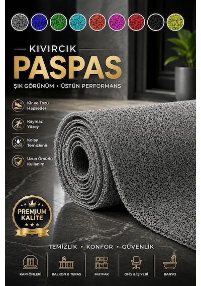 Abkgrı-100x800 Kıvırcık Paspas Tüm Ölçüler Kaymaz Taban Halı Yolluk Kapı Önü Paspası Gri