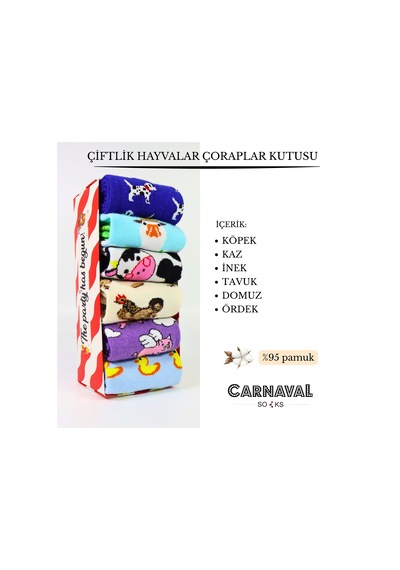 Carnaval Socks Çiftlik Hayvanları Desenli Tasarım 6'lı Çorap Kutusu Çok Renkli