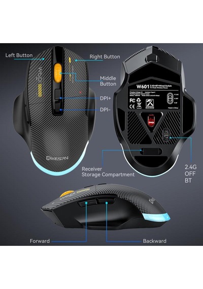 W601 Tri-mode Gaming Mouse 12800 Dpı, Rgb, Bt + 2.4ghz + Kablolu, Type-c Şarjlı Oyuncu Mouse 601