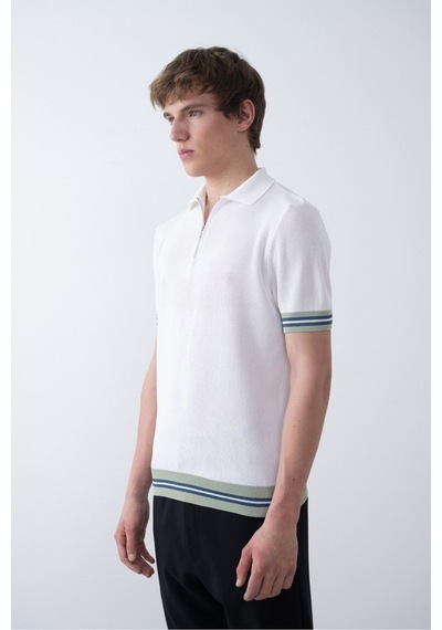 Baselco Triko Polo Yakalı T-shirt - Premium Ribana Detaylı Beyaz