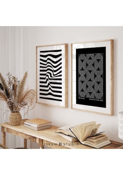 Siyah Beyaz Geometrik 2'li Set, Modern Siyah Sanat