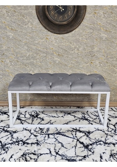 Zafir Beyaz Boyalı Diktörtgen 100 Cm X 40 Cm Oturak Puf - Bench - Makyaj Oturağı - Oturak Gri