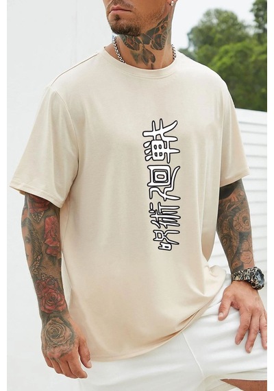 Flood Of Style Unisex Jujutsu Kaisen Baskılı T-shirt Bej