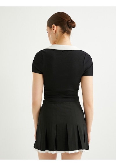 Koton Polo Yaka Crop Tişört Renk Kontrastlı Kısa Kollu Slim Fit Siyah 4sal10812ık Siyah