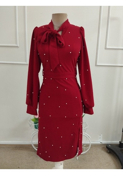 Butik İstanbul Kadın Uzun Kollu Yakadan Fiyonklu Yandan Yırtmaçlı Incili Midi Ithal Krep Elbise Kırmızı