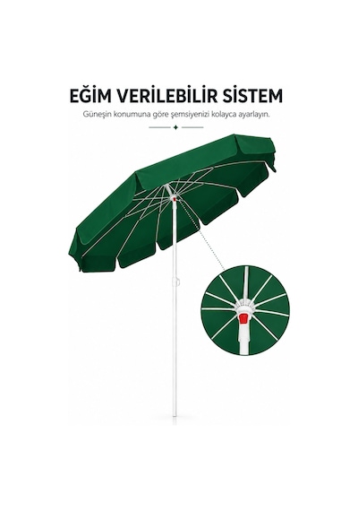 Yeşil Plaj Şemsiyesi 200 Cm Çap /10 Telli, Polyester Kumaş Yeşil