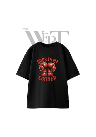 Thewert Boks Eldiveni Tasarım Baskılı Ünisex Siyah Oversize T-shirt