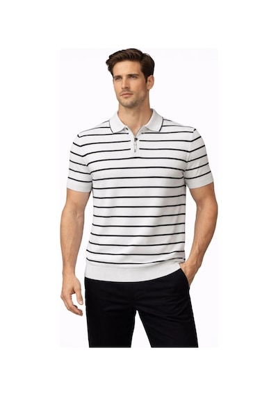 Erkek Triko Polo Yaka Fermuarlı Çizgili Tişört T-shirt Yazlık Şık - Beyaz