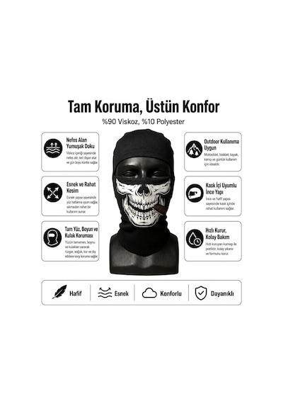 Womanandkids Wak Unisex Kuru Kafa Puro Baskılı Balaklava 1 Adet Tek Beden Viskoz Kask İçi Outdoor Maske Siyah