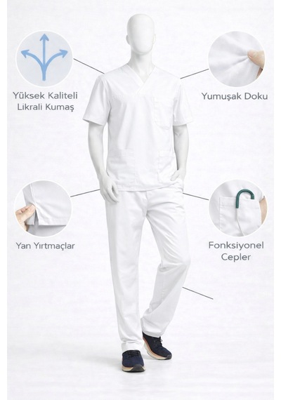 Likralı Hemşire Doktor Forması Premium Belinda Soft Kumaş Scrubs Hastane Üniforması Cerrahi Takım Beyaz