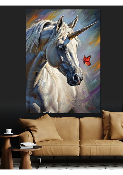 Ahşap Tablo Tek Boynuzlu At Unicorn Ve Kelebek