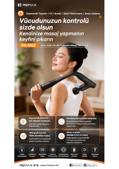 Remax Uzatılabilir Tutma Kollu 3'ü 1 Arada Vücut Ve Sırt Masaj Tabancası Rs-m02 Siyah