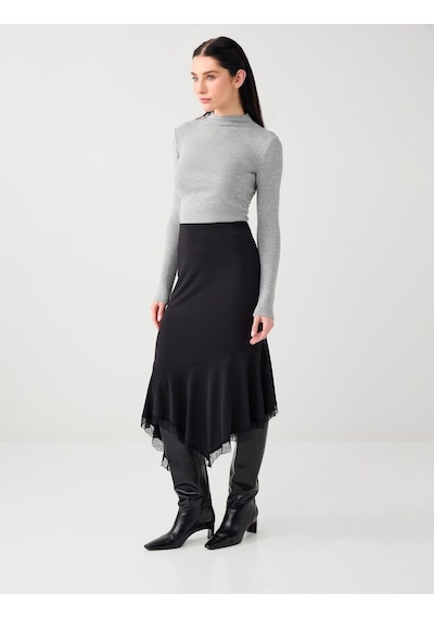 Jimmy Key Siyah Normal Bel Düz Kesim Dantel Detaylı Örme Midi Etek 6sw075494900