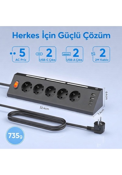 5 Li Köşe Priz 2 Usb-a 2 Usb-c Girişli 2 Metre Kablolu Gece Işıklı Akım Korumalı Masaüstü Çoklu Priz 3680w 1 - 3 M