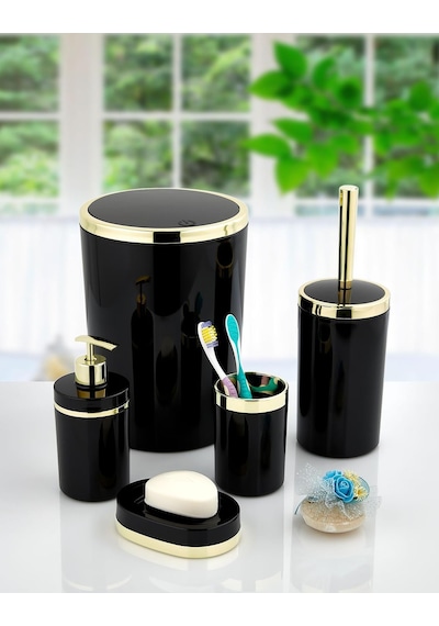 Akrilik Yapım Gold Çizgi 5'Li Yuvarlak Banyo Seti Siyah
