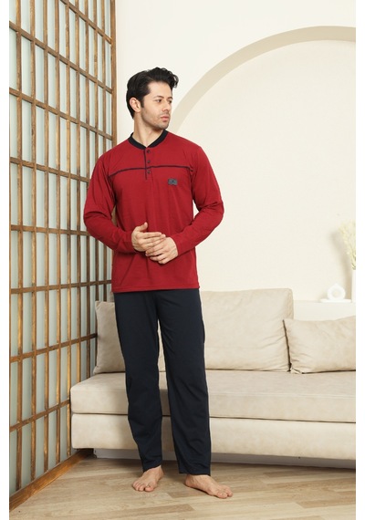 Enisena Erkek %100 Pamuklu Pijama Takımı-robalı Ve 3 Düğmeli-12489 Bordo
