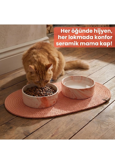 Premium 3'lü Evcil Hayvan Mama Kabı Seti 2 Adet Lüks Mermer Desenli Seramik Kase Ve 1 Adet Oval Örgü Jüt Paspas, Kedi Ve Köpek Su Yemek Tabağı Seti Turuncu