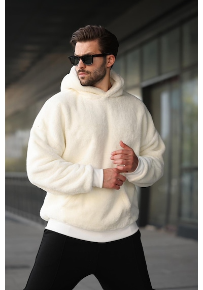 Madmext Ekru Peluş Kapüşonlu Erkek Sweatshirt 6050 Ekru