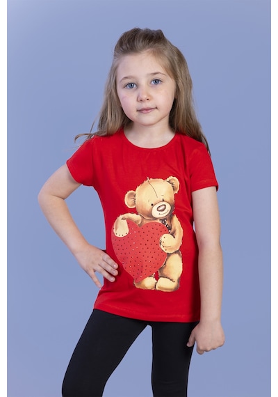 Toontoy Kids Toontoy Kız Çocuk Kalpli Ayıcık Baskılı Taş İşlemeli Tişört Kırmızı