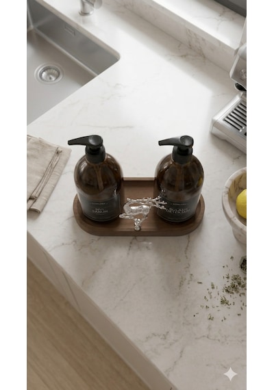 Amber Şişe Sabunluk Cam İkili Sıvı Sabun-bulaşık Deterjanı Mutfak Düzenleyici Lüks Gümüş Geyik Ahşap Stand 500ml