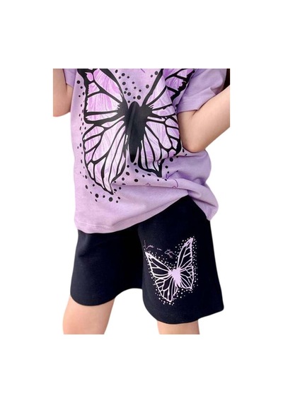 Riccotarz Kız Çocuk Kara Kalem Kelebek Baskılı Penye Lila T-shirt Şortlu Takım Lila