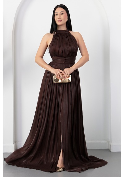 Kalopya Halter Yaka Beli Düğümlü Yırtmaçlı Elbise Drp6882 Kahve