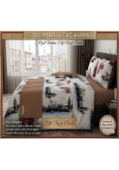 Çift Kişilik Nevresim Takımı-Londra Motifli-% 100 Pamuk